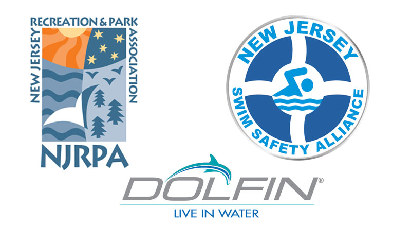 New Jersey Recreation and Parks Association, Dolfin Swimwear, and New Jersey Swim Safety Alliance logos